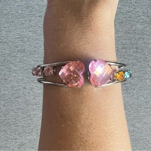 Vintage Silver Tone Hinged Cuff Bracelet Pink Heart & Multicolor Rhinestones